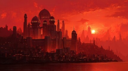 Glowing Fortress City Beneath a Dramatic Red Sky at Dusk