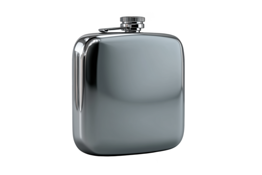 Polished chrome hip flask with textured cap and hinged lid isolated on a transparent background alcohol