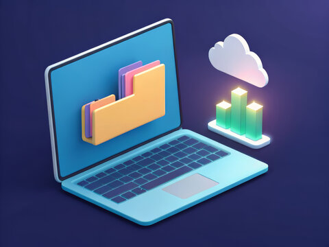 Laptop with cloud and data analytics, showing file organization