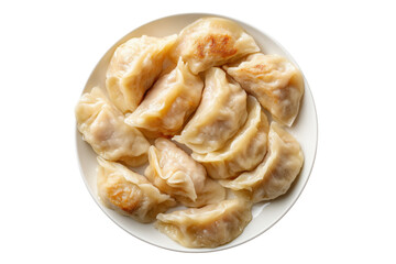 Plate of pan fried dumplings with golden brown bottoms isolated on a transparent background food asian