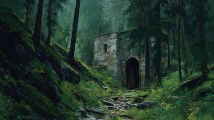 Hidden Fortress in a Deep Forest Surrounded by Lush Greenery