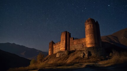 Fototapeta premium Illuminated Fortress Under Starlight in Serene Night Sky