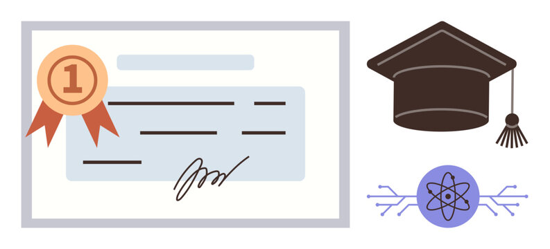 Diploma with signature and ribbon, graduation cap, atom diagram representing science and learning. Ideal for education, success, qualifications, certificates, academic milestones, STEM career