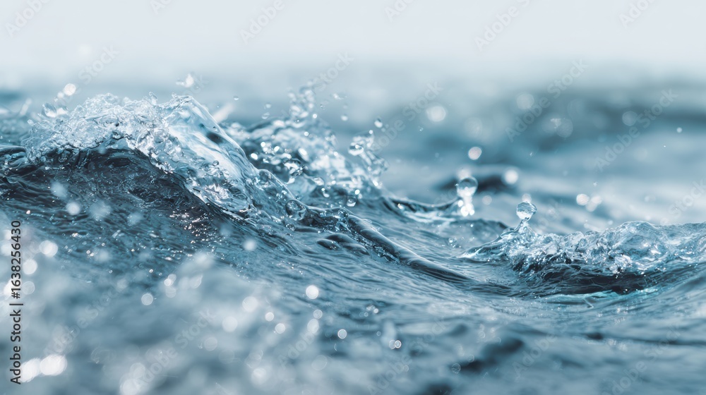 Aufkleber close-up of turbulent water waves with splashes reflecting light, creating a dynamic and refreshing 