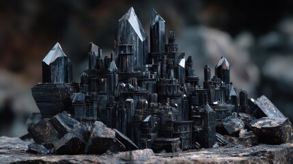 Intricate Fortress Crafted from Black Obsidian Stone Crystals