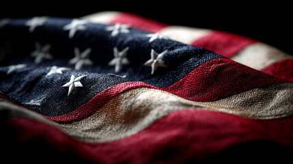 Close up of a draped american flag with visible stars and stripes on a dark background texture