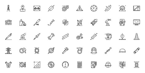 Engineering icon set. Professional vector collection. Includes theodolite, electrical circuit, civil engineering, robotics, aerospace, biomedical, and more. Editable linear icons.