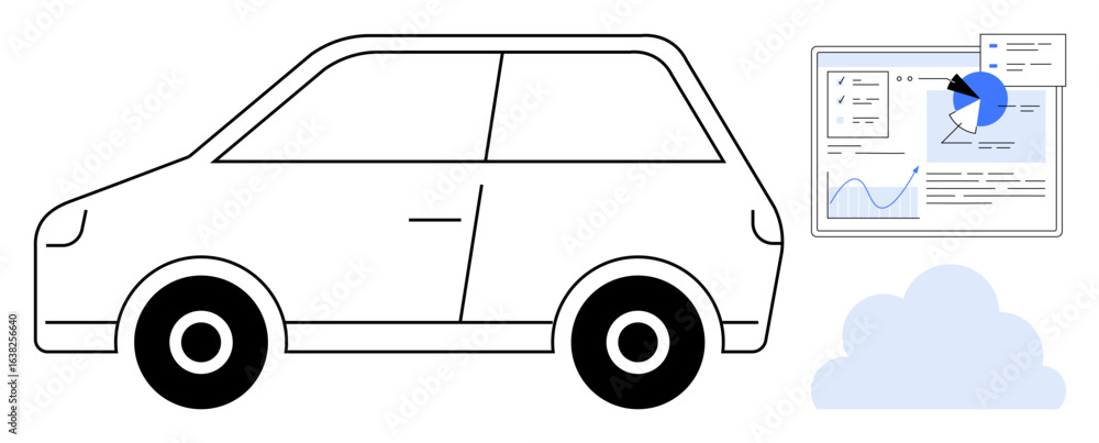 Poster compact car alongside analytics dashboard with charts, pie graph, and cloud icon. ideal for technolo