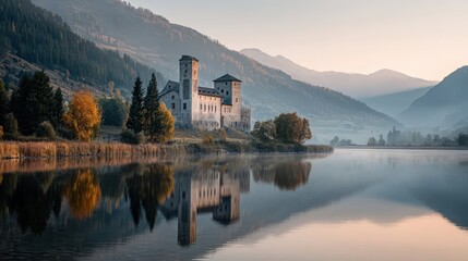 Fototapeta premium Serene Fortress Reflected in Tranquil Still Lake at Dawn