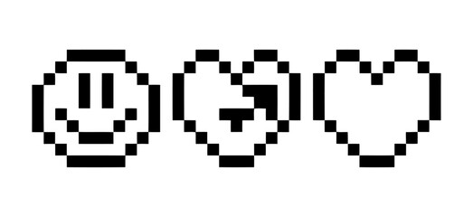 Pixelated smiley face and hearts in a simple retro style silhouette