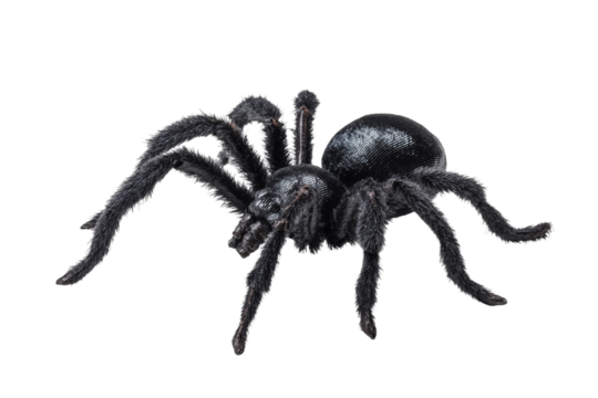 Realistic black fuzzy spider with shiny abdomen on black isolated on a transparent background arachnid