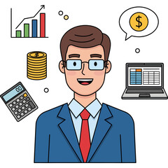 Businessman character managing finances. Illustration of a financial advisor with icons for accounting, investment, and data analysis.
