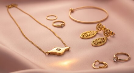 Assortment of gold jewelry including necklace earrings and rings on pink silk fabric bracelet