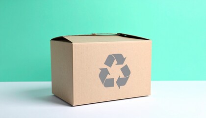 Closed brown cardboard box with a grey recycling symbol on a white surface against a mint green background.