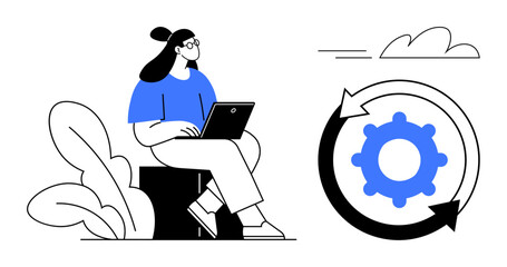 Woman with laptop sitting beside plants, observing gear encircled by rotating arrows representing workflow, innovation, and improvement. Ideal for productivity, strategy, management, teamwork