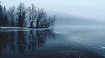 Serene Frozen Lake Reflections in a Misty Winter Landscape