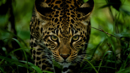 Obraz premium Majestic Leopard Stalking Through Lush Green Forest Undergrowth