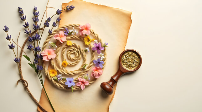 A stunning arrangement of pressed flowers in assorted pastel colors, carefully arranged in an intricate spiral pattern on a piece of vintage paper.
