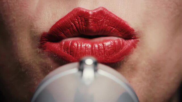 Close up of an Open Mouth With Glossy Red Lips Speaking Into a Microphone