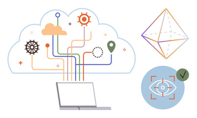 Cloud computing connecting with laptop, data flow, gears, location marker, geometric shape, and AI visualization. Ideal for technology, innovation, data analytics AI cloud computing machine