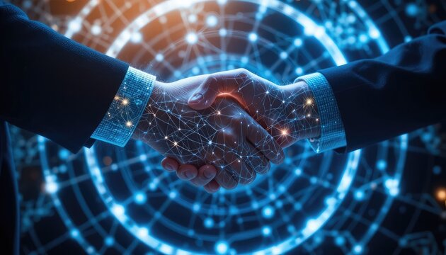 Dynamic handshake seals digital deal with glowing network background