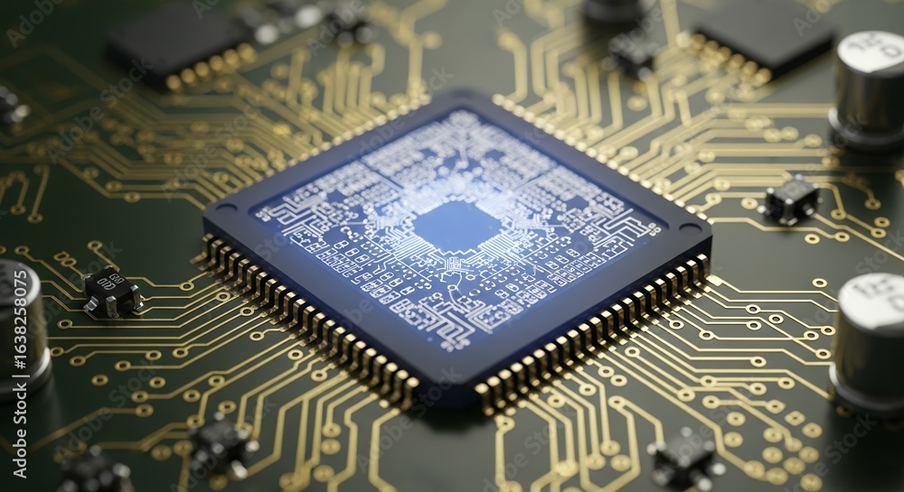 Poster close-up of central processing unit on a circuit board with intricate gold traces, concept for artif