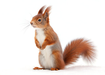 A red squirrel standing upright with its paws clasped against a plain white background looking to the side