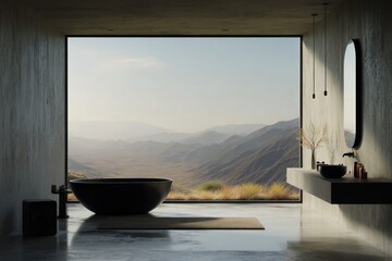 Modern concrete bathroom with mountain view (1)