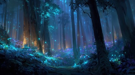 Enchanted Forest Filled with Glowing Elemental Spirits at Night