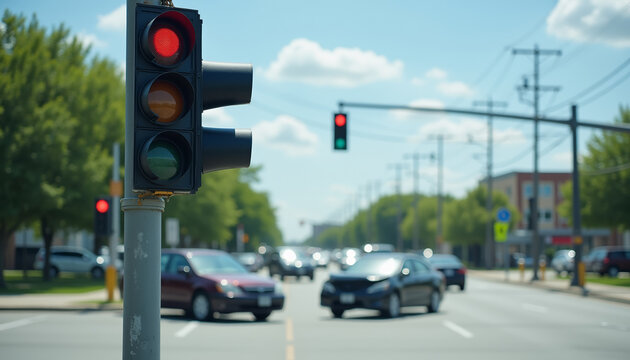 Two cars in accident at urban intersection with traffic light shows red.