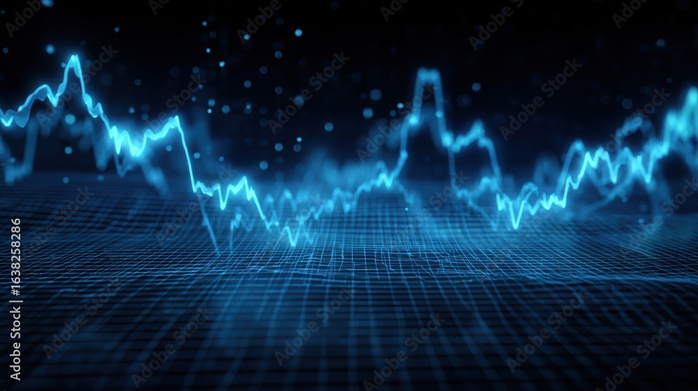 Poster futuristic blue wave graph representing data analysis and technology progress with a digital backgro