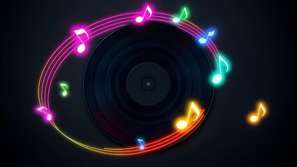 Neon Musical Notes Swirling Around a Vinyl Record, Vibrant Music and DJ Background, international music day