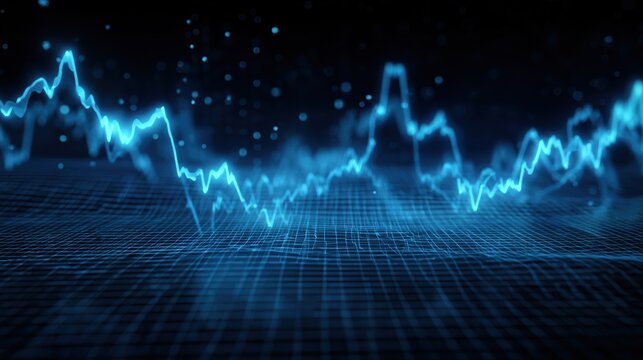 Futuristic blue wave graph representing data analysis and technology progress with a digital background.