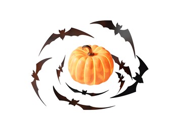 Obraz premium Spooky Halloween pumpkin surrounded by swirling bats creating a mysterious and festive atmosphere perfect for seasonal celebrations and decorations