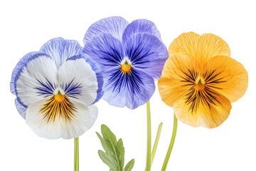 Fototapeta premium Three vibrant pansy flowers in shades of blue purple and yellow isolated on transparent background