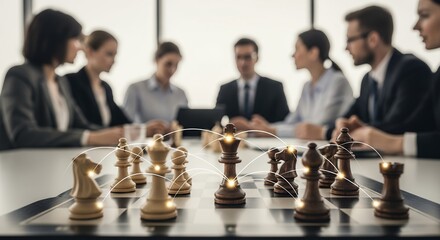 Business team strategizing over a chessboard with digital connections on meeting table. Concept for strategic planning, business leadership, and competition analysis in corporate environment.
