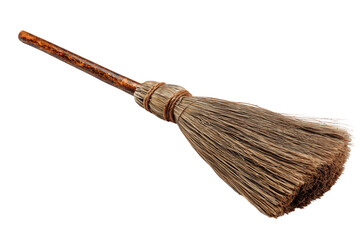 Rustic wooden broom with natural bristles tied with twine isolated on a transparent background brush 1