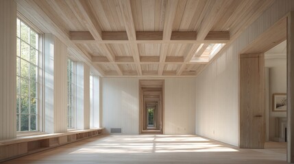 Contemporary light-filled room with wooden beams and large windows showcasing minimalist interior design aesthetic