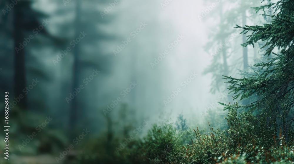 Poster hazy forest background with soft focus and ethereal atmosphere