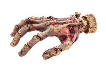 Severed bloody skeletal hand with torn flesh and bone fragments isolated on a transparent background