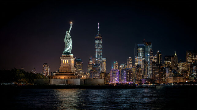 Statue of liberty and manhattan skyline illuminated at night with dark water in the foreground
