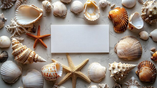 Seashells and a blank white gift card for a coastal retirement