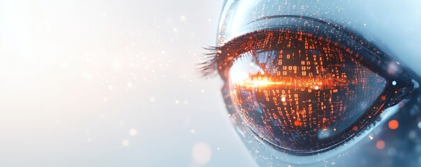 Digital code reflects and fills the eye of a futuristic cyborg