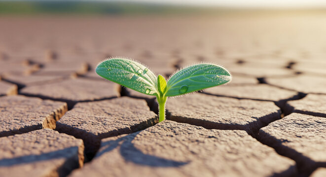 Young plant sprouting from parched ground representing climate change awareness and nature’s ability to adapt