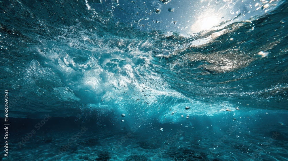 Poster underwater view showcasing the dynamic movement of ocean waves and sunlight filtering through the su