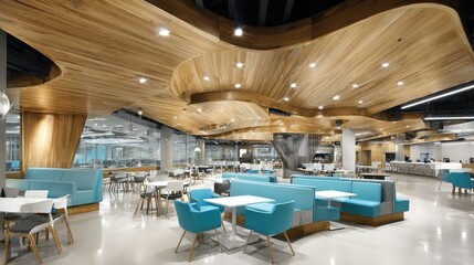 Modern and Stylish Dining Interior Design with Wooden Ceiling and Blue Seating in Contemporary Restaurant Space