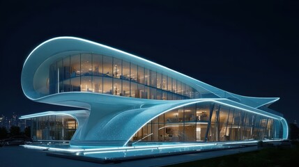 Futuristic Corporate Headquarters with High-Tech Design at Night