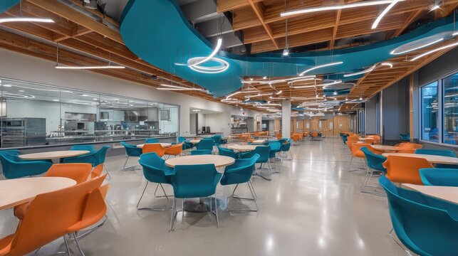 Modern cafeteria interior with vibrant colors, stylish seating, and innovative lighting design in spacious layout