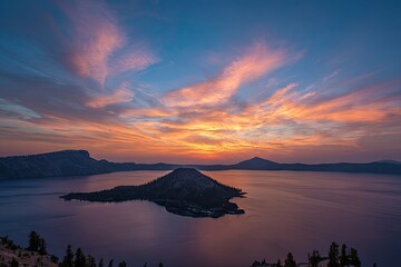 Sunrise over a caldera lake, vibrant colors
