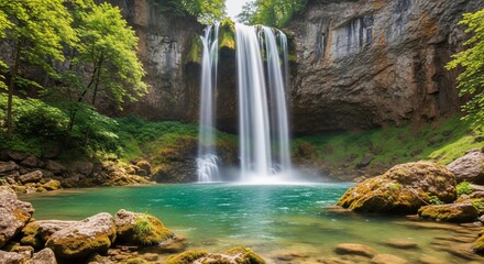 Naklejka premium Discover the beauty of a vibrant waterfall cascading into a pristine turquoise pool surrounded by lush greenery